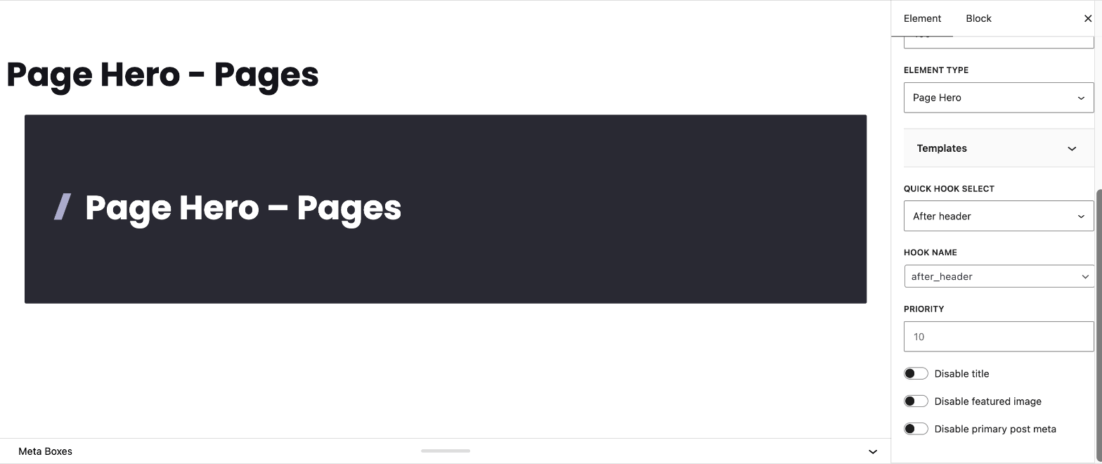 Block Element Page Hero in the editor with its settings panel, and the result on a post