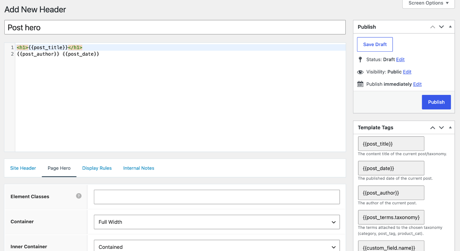 Header Element — Content, Page Hero tab and Site Header tab