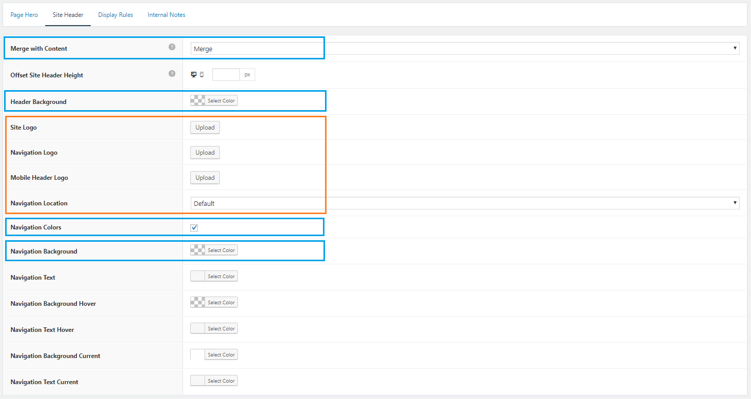 Transparent header over a page hero, and the Site Header tab settings used (2)