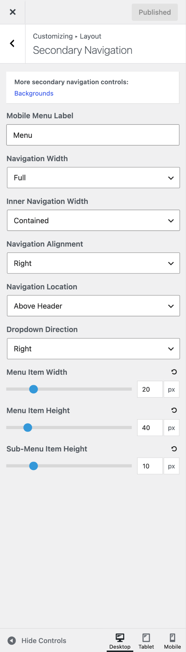 Secondary Navigation settings in the GeneratePress Customizer