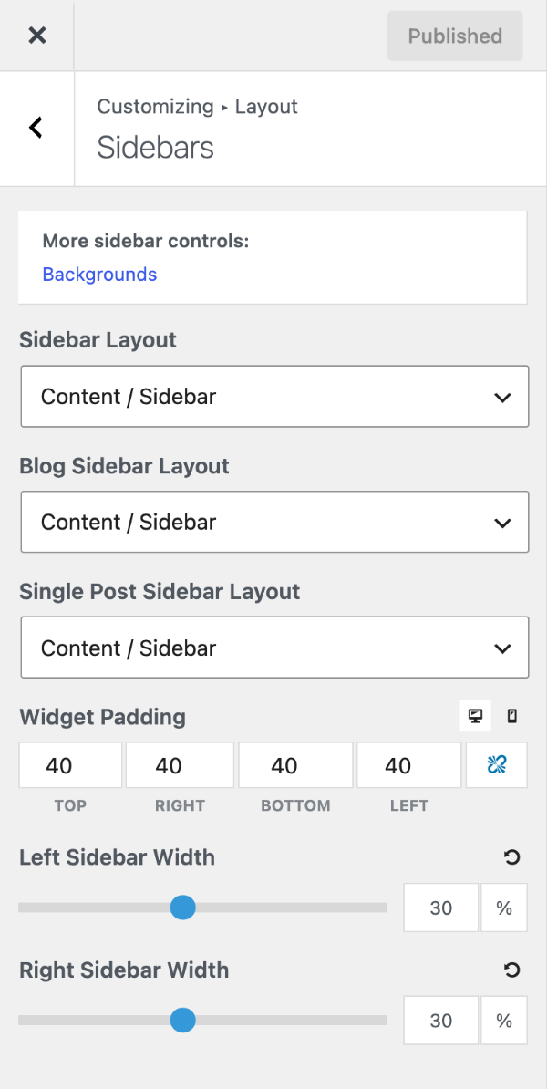 Sidebars settings in the GeneratePress Customizer