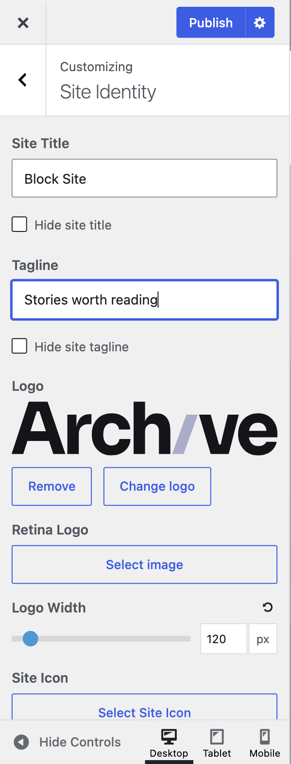 Site Identity with a logo and site title both set, showing Retina Logo and Logo Width