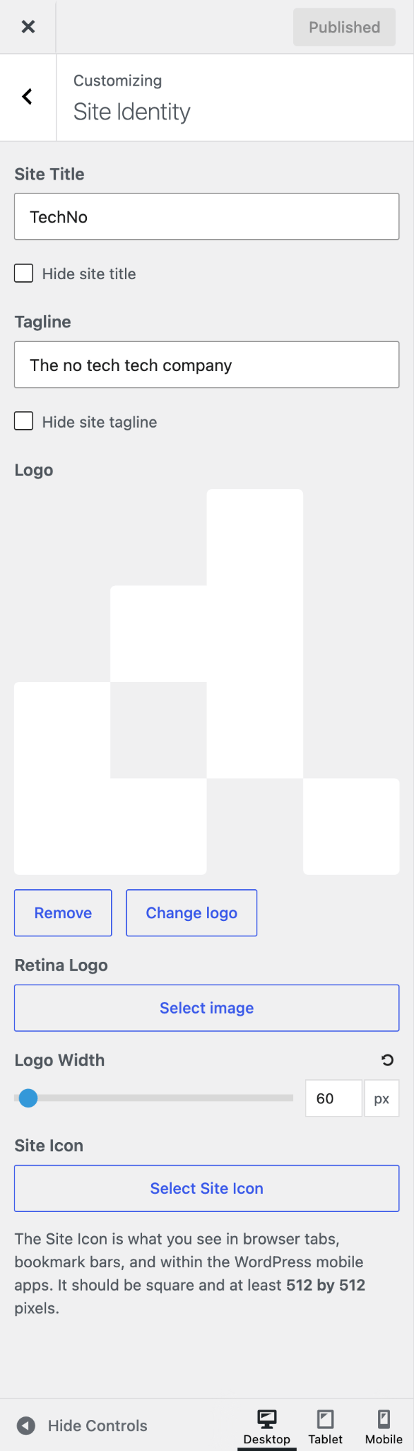 Site Identity settings in the GeneratePress Customizer
