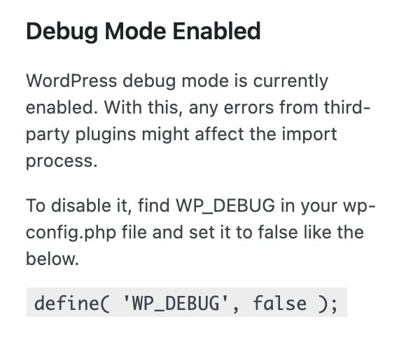 Site Library "debug mode enabled" notice