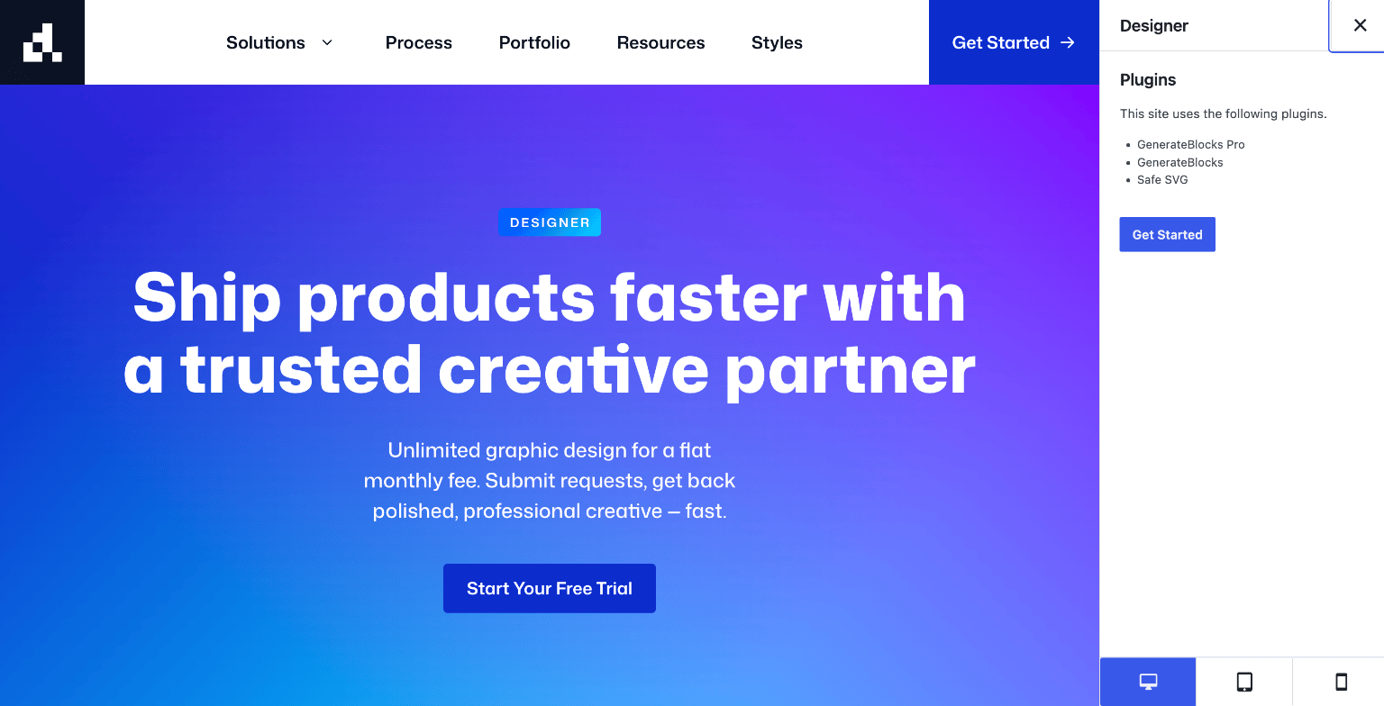 Site preview with required plugins and responsive view buttons