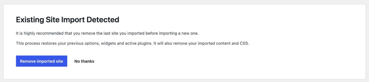 Site Library notice offering to remove the imported site