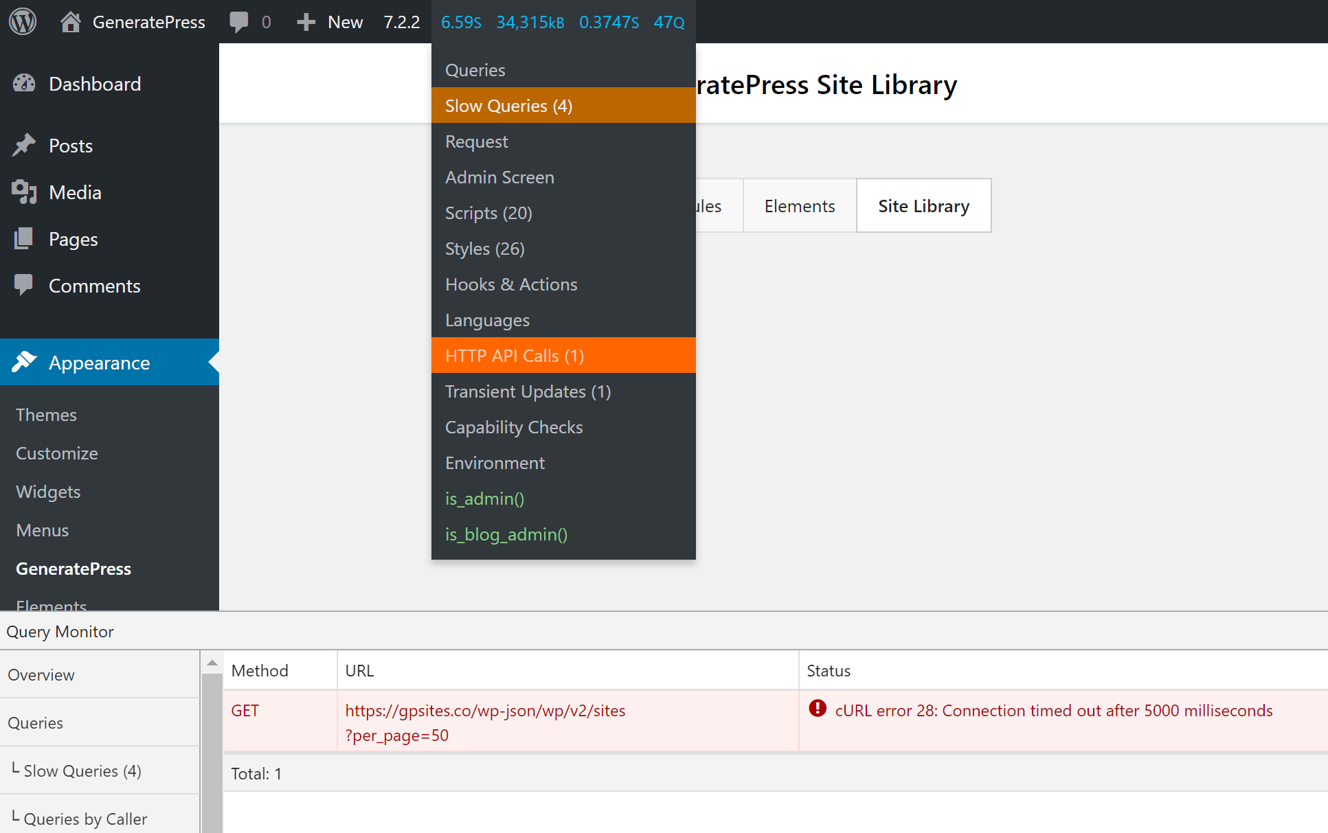 Empty Site Library with the Refresh Sites button; Query Monitor HTTP API Calls showing cURL error 28 (2)
