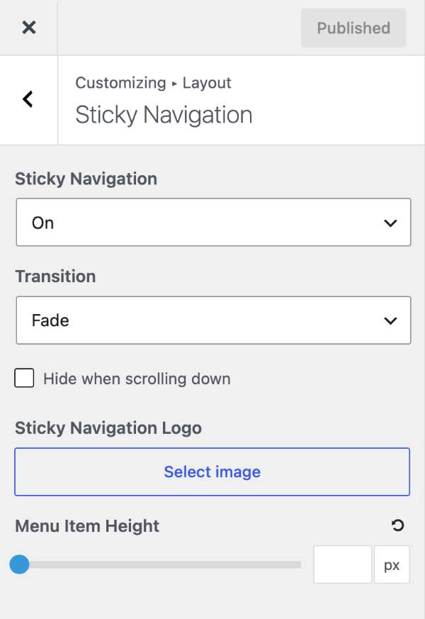 Sticky Navigation settings with Sticky Navigation turned on