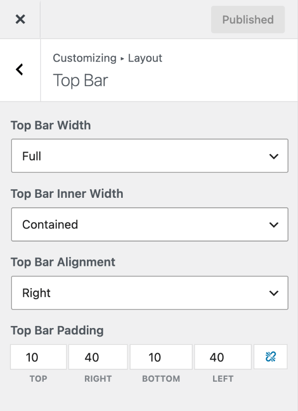 Top Bar settings in the GeneratePress Customizer