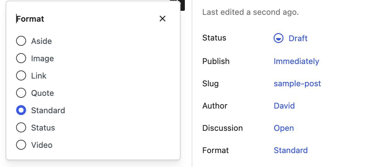 The post Format selector in the editor
