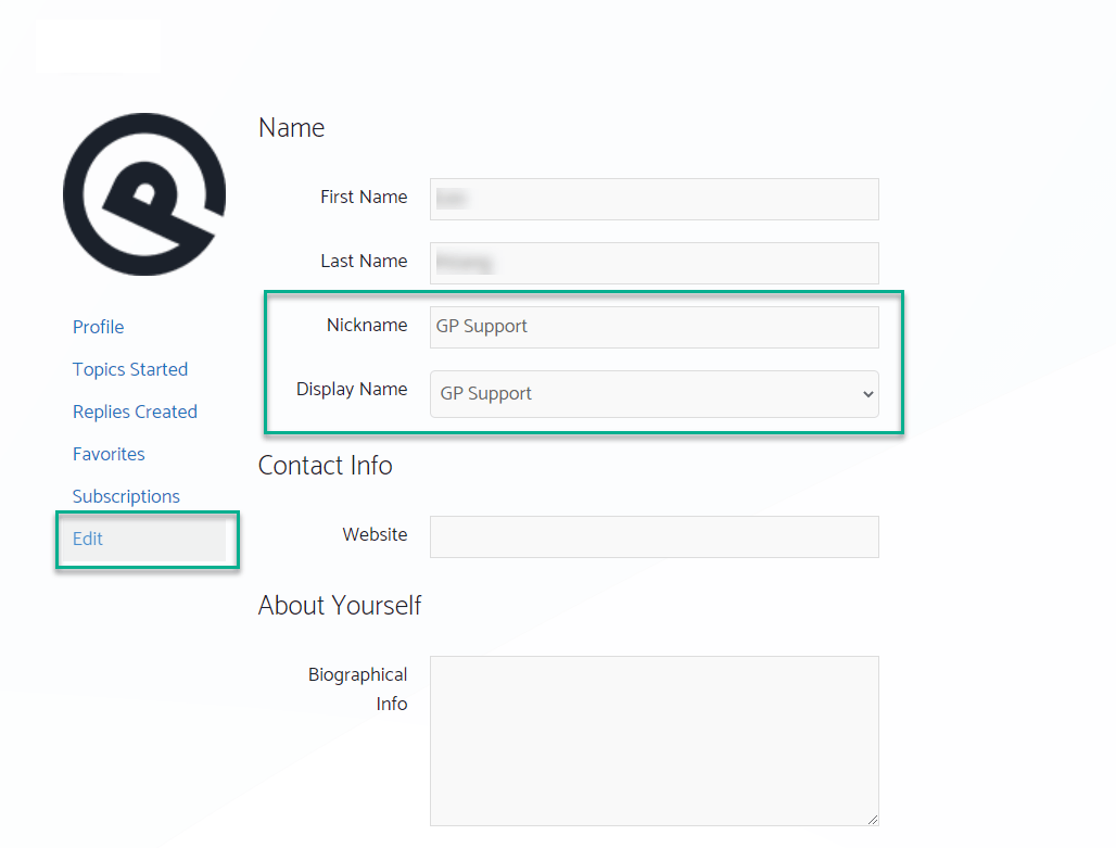 Forum profile menu, topics started, change display name (3)
