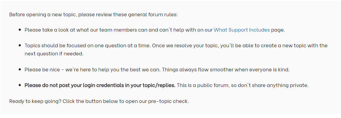 generate.support Log in and Open Support Topic buttons; forum rules and pre-topic checklist (3)
