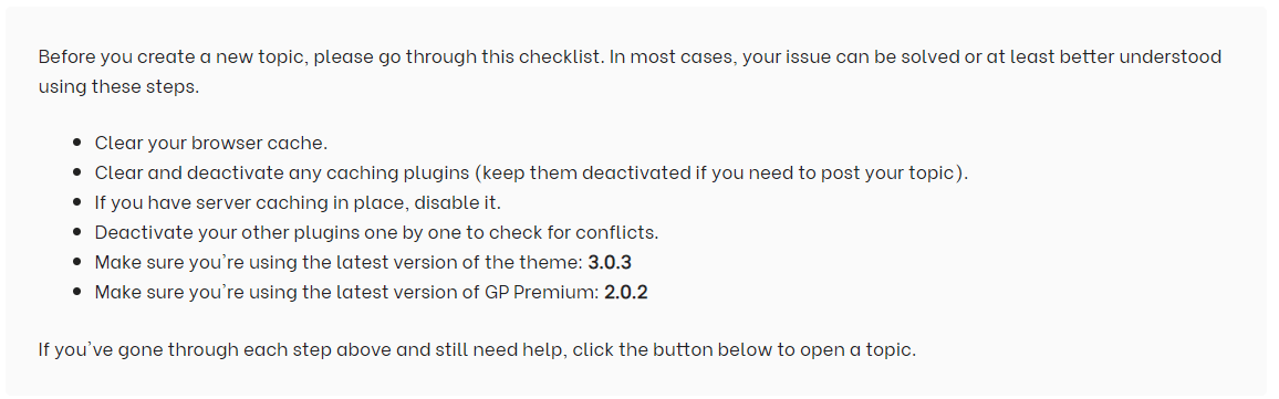 generate.support Log in and Open Support Topic buttons; forum rules and pre-topic checklist (4)