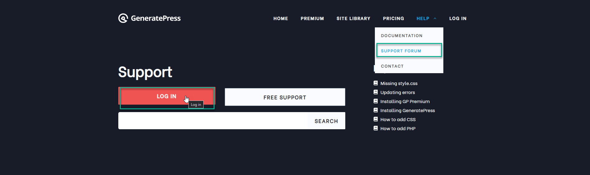 generate.support Log in and Open Support Topic buttons; forum rules and pre-topic checklist