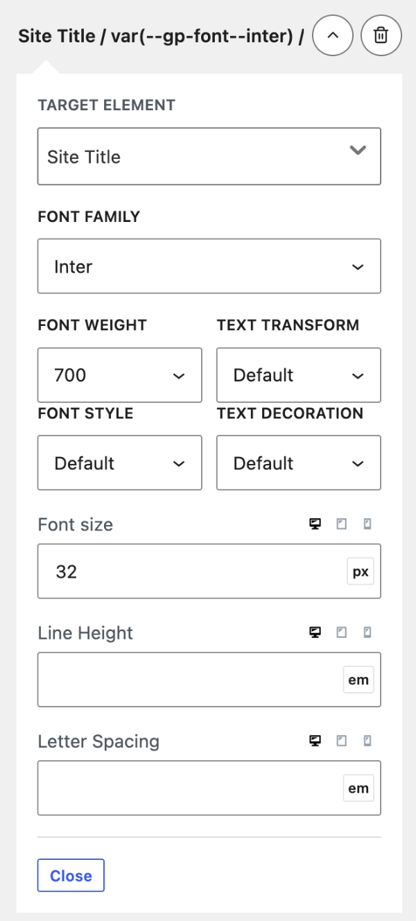 A Typography Manager rule opened for the Site Title