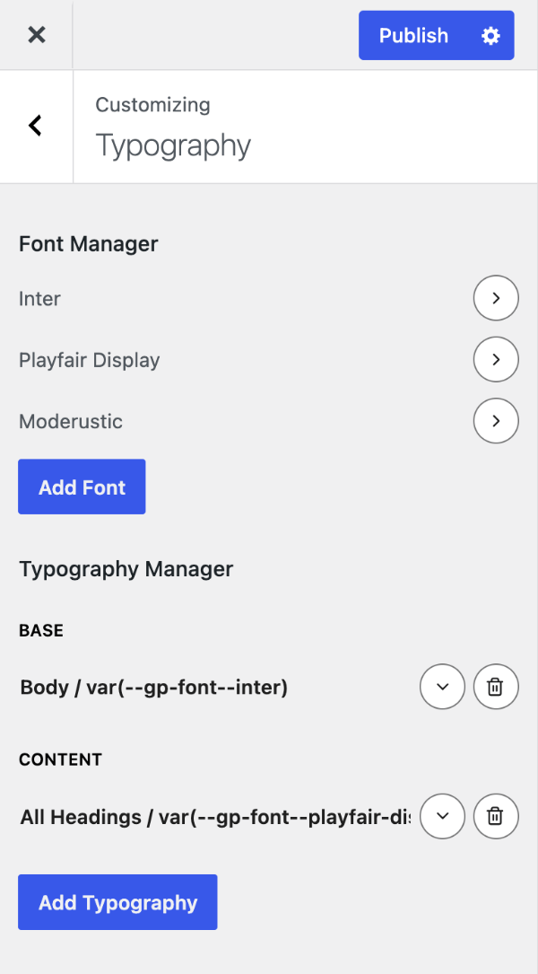 The Typography section with Font Manager and Typography Manager