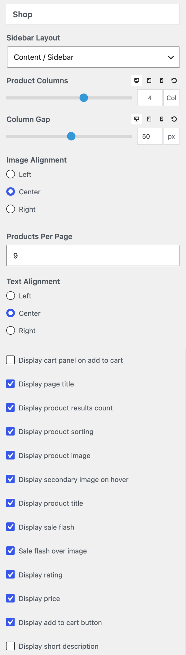 Shop settings in the WooCommerce layout section