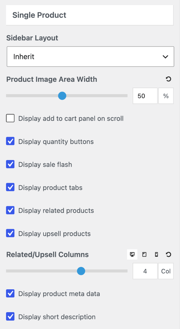 Single product settings in the WooCommerce layout section