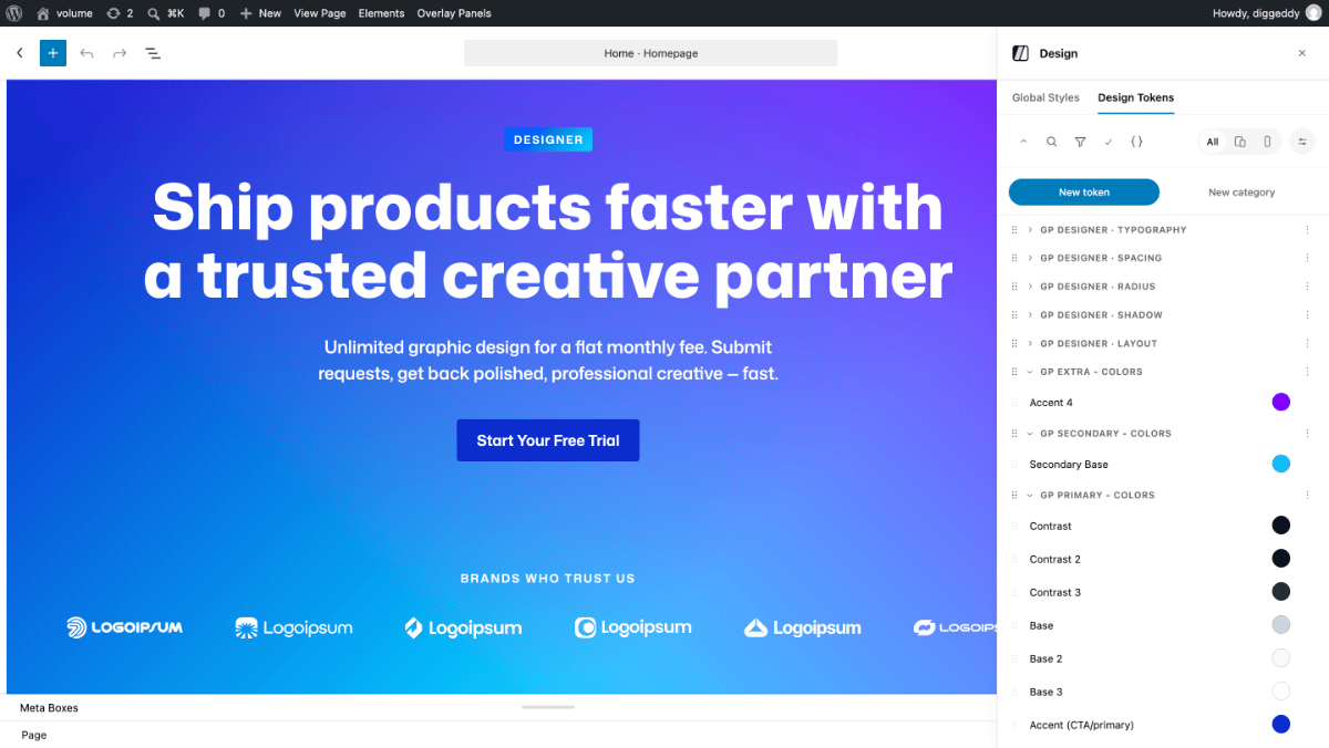 Design Token Panel in the editor